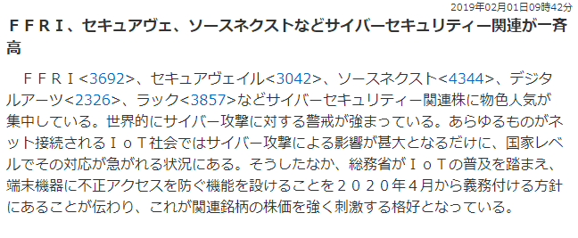 サイバーセキュリティ関連株が一斉高(2019年2月1日)のニュース画像