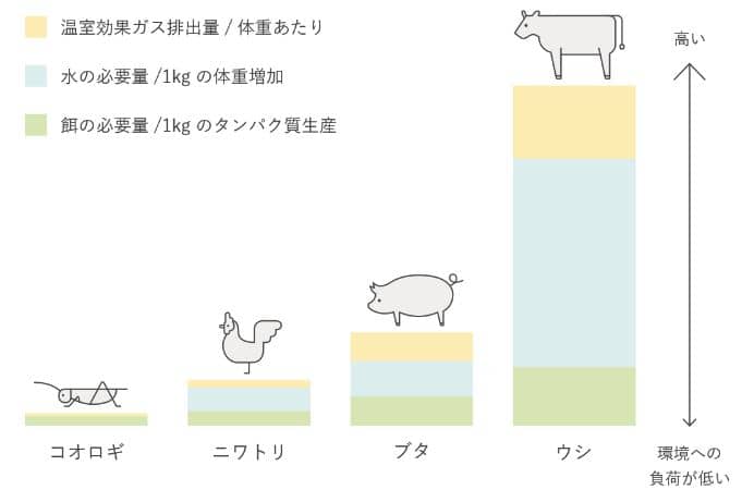 昆虫食(コオロギ)は餌が少なく済むことを表す画像